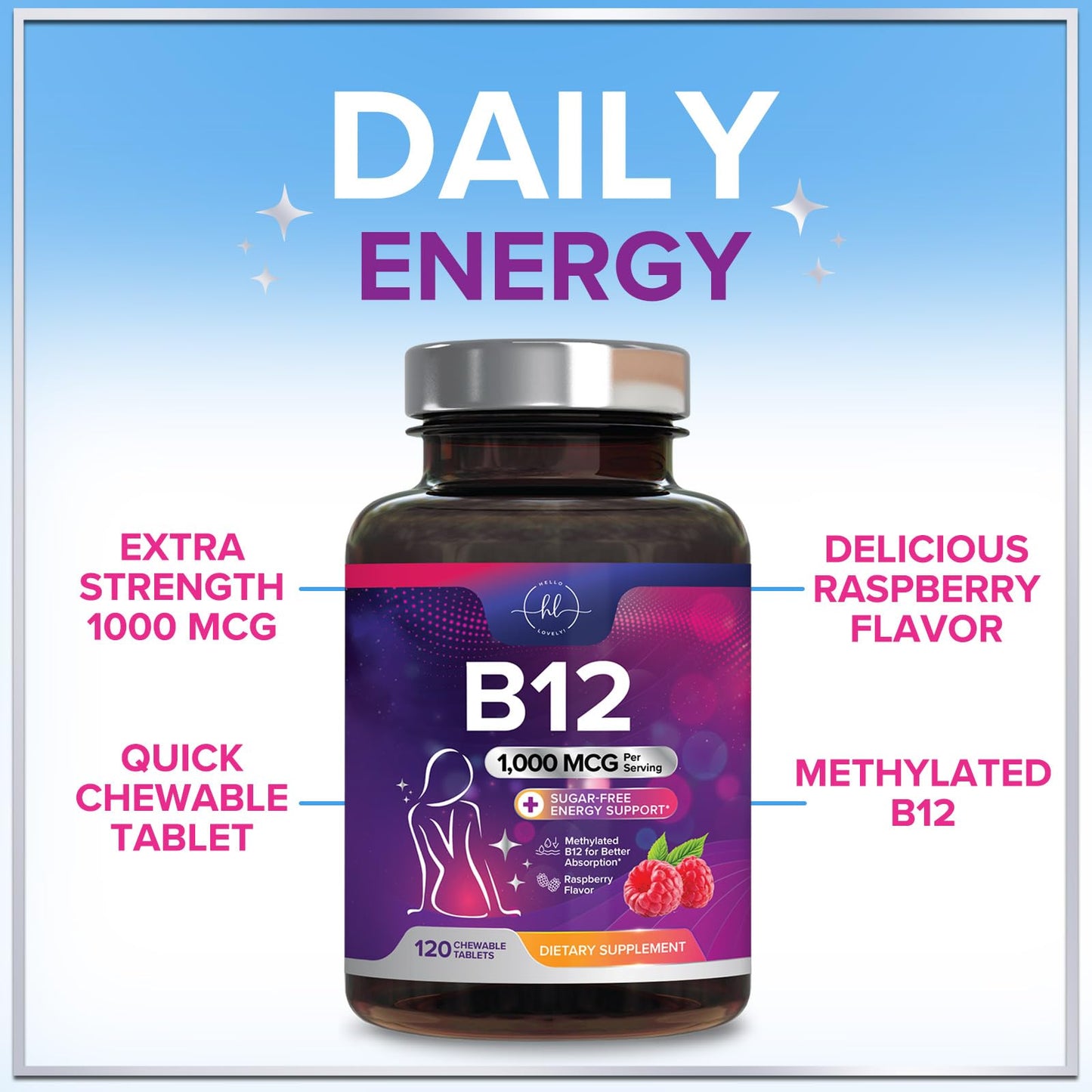 Hello Lovely! Vitamin B12 1000 mcg Chewables, 120 Count