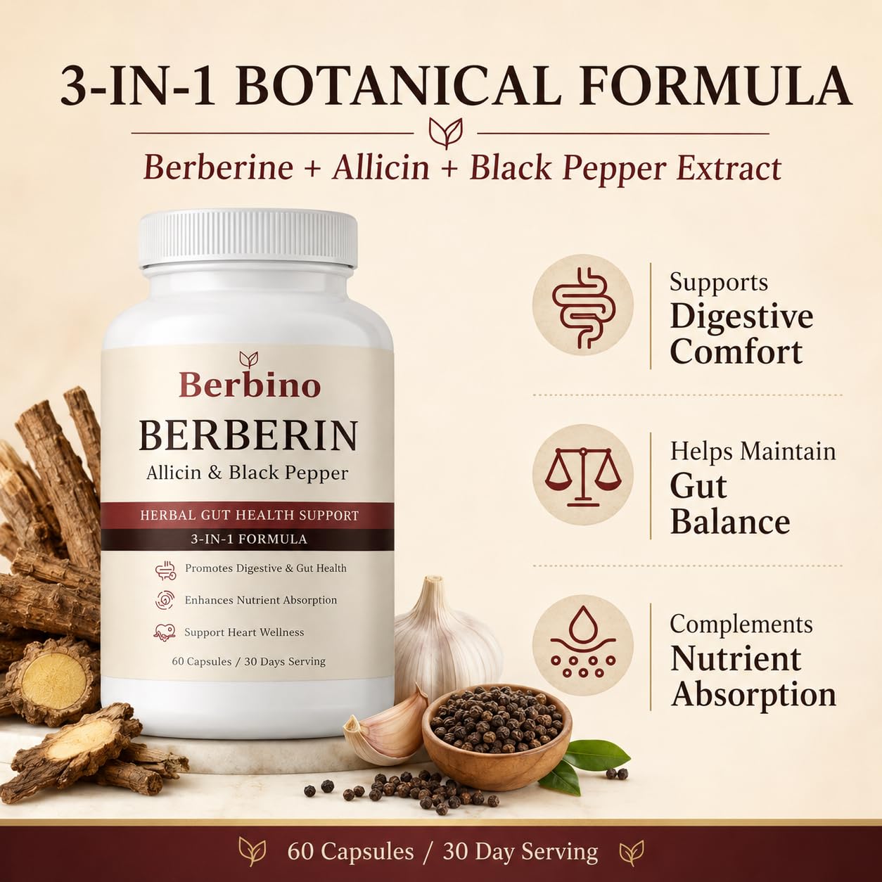 NEURODROPS Berbino Berberine Complex with Allicin & Black Pepper Extract Capsules, 60 Count