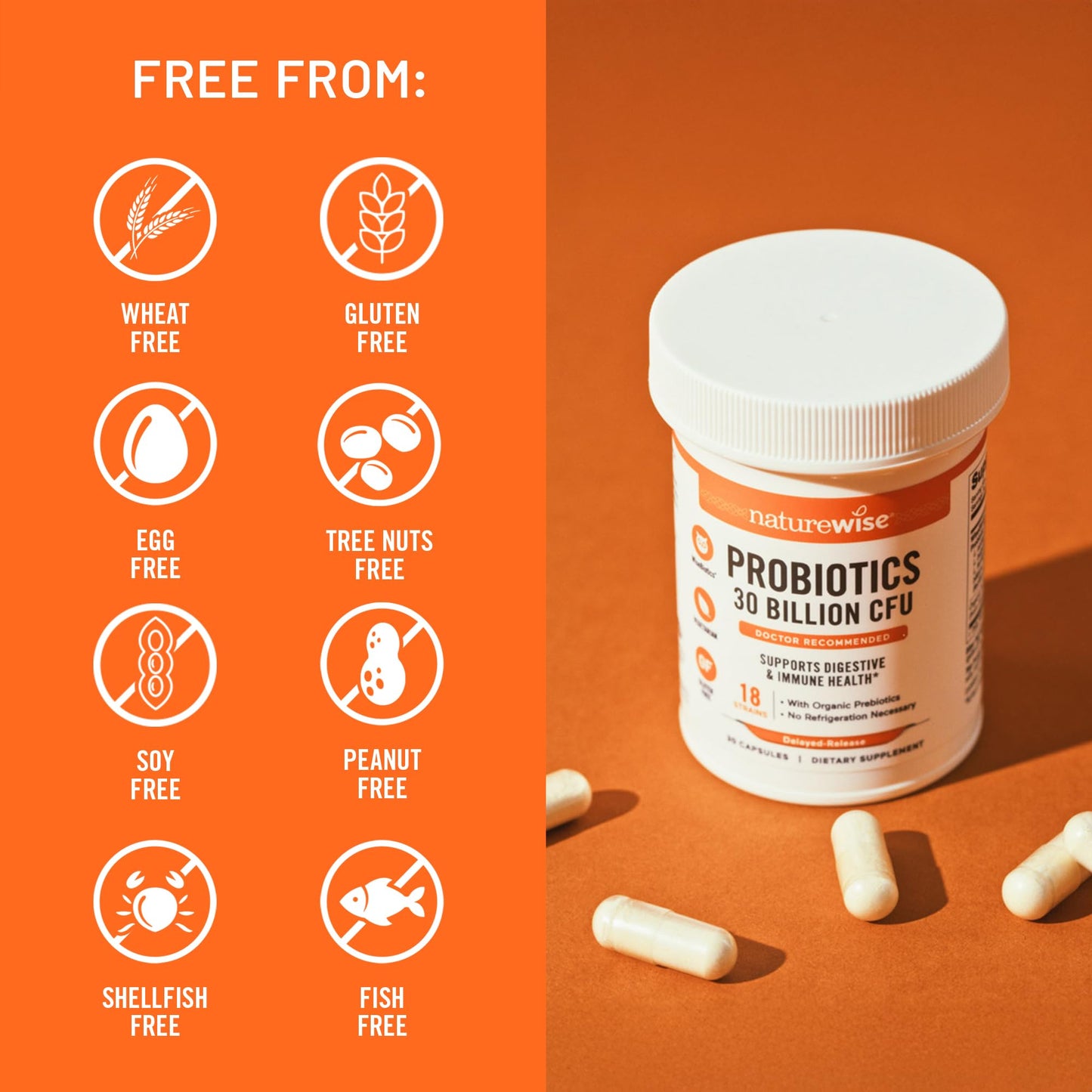 NatureWise Max Probiotics for Women & Men - 30 Billion CFU 18 Strains With Prebiotics - For Gut & Digestive Health - Delayed-Release Capsules, Gluten Free - 60 Capsules
