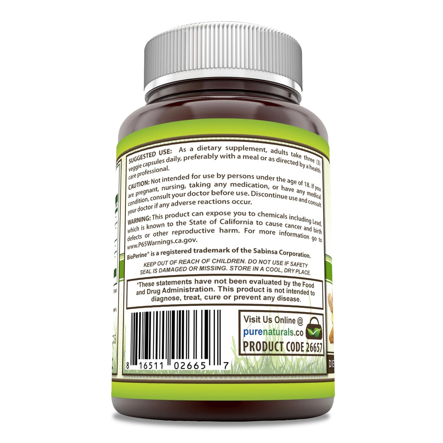 Pure Naturals Turmeric Curcumin & Ginger with BioPerine 2250 mg per Serving, 180 Veggie Capsules