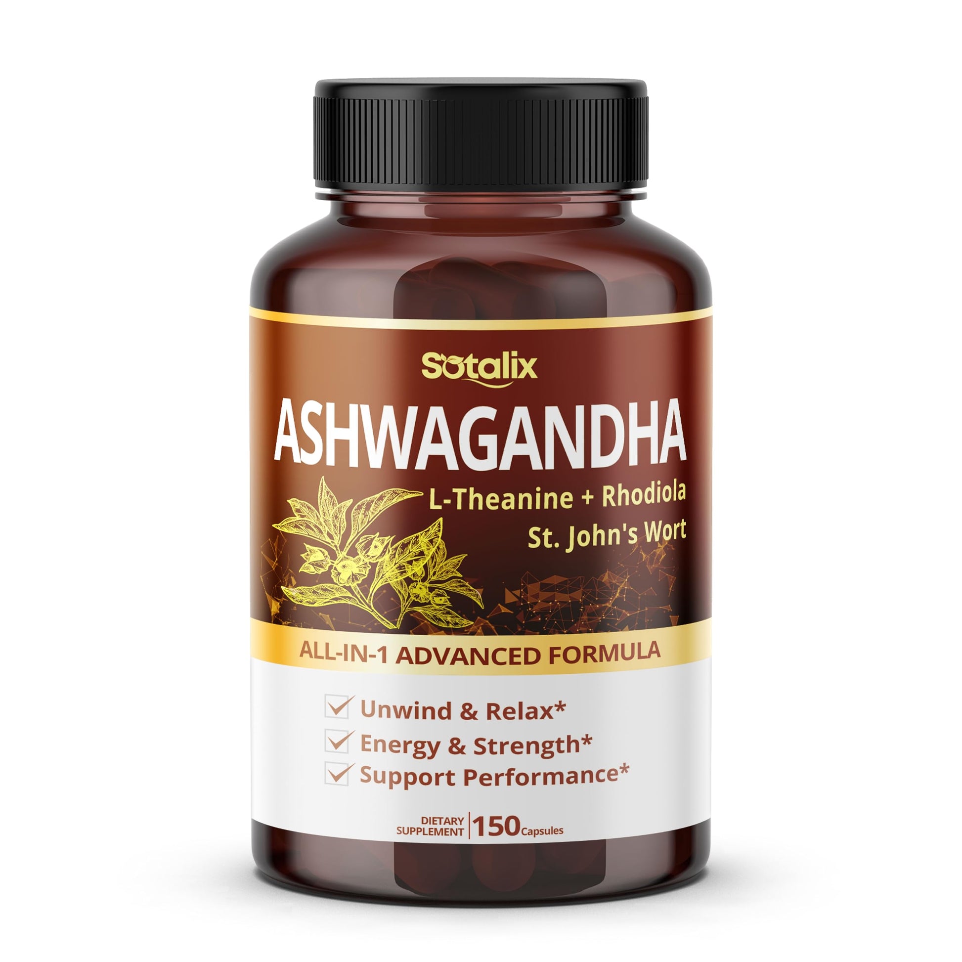 SOTALIX SUPPLEMENT Ashwagandha All-in-1 Advanced Formula with L-Theanine, Rhodiola, St. John's Wort Capsule, 150 Count
