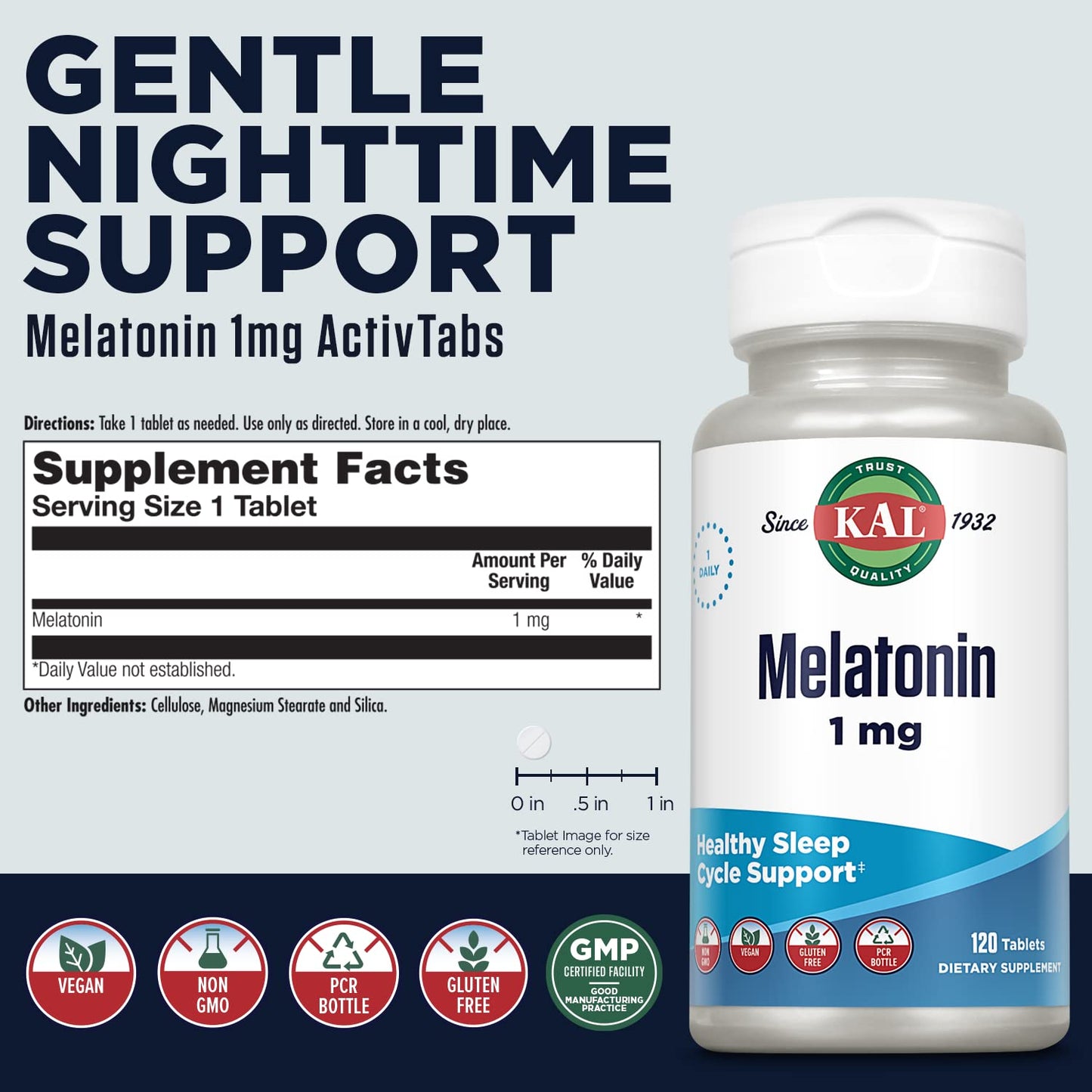 KAL Melatonin 1mg Sleep Aid Tablets, 120 Tablets