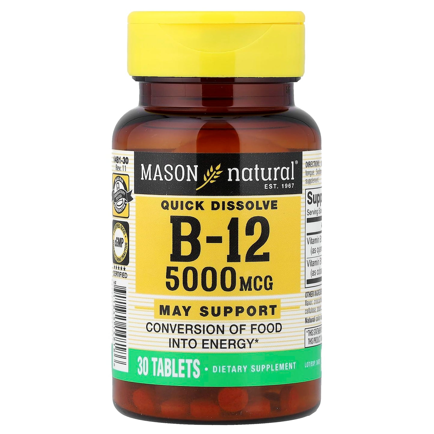 Mason Natural Quick Dissolve Vitamin B-12 5,000 mcg Tablet, 30 Tablets