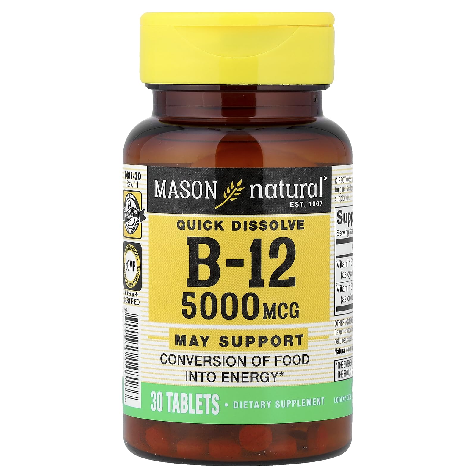 Mason Natural Quick Dissolve Vitamin B-12 5,000 mcg Tablet, 30 Tablets