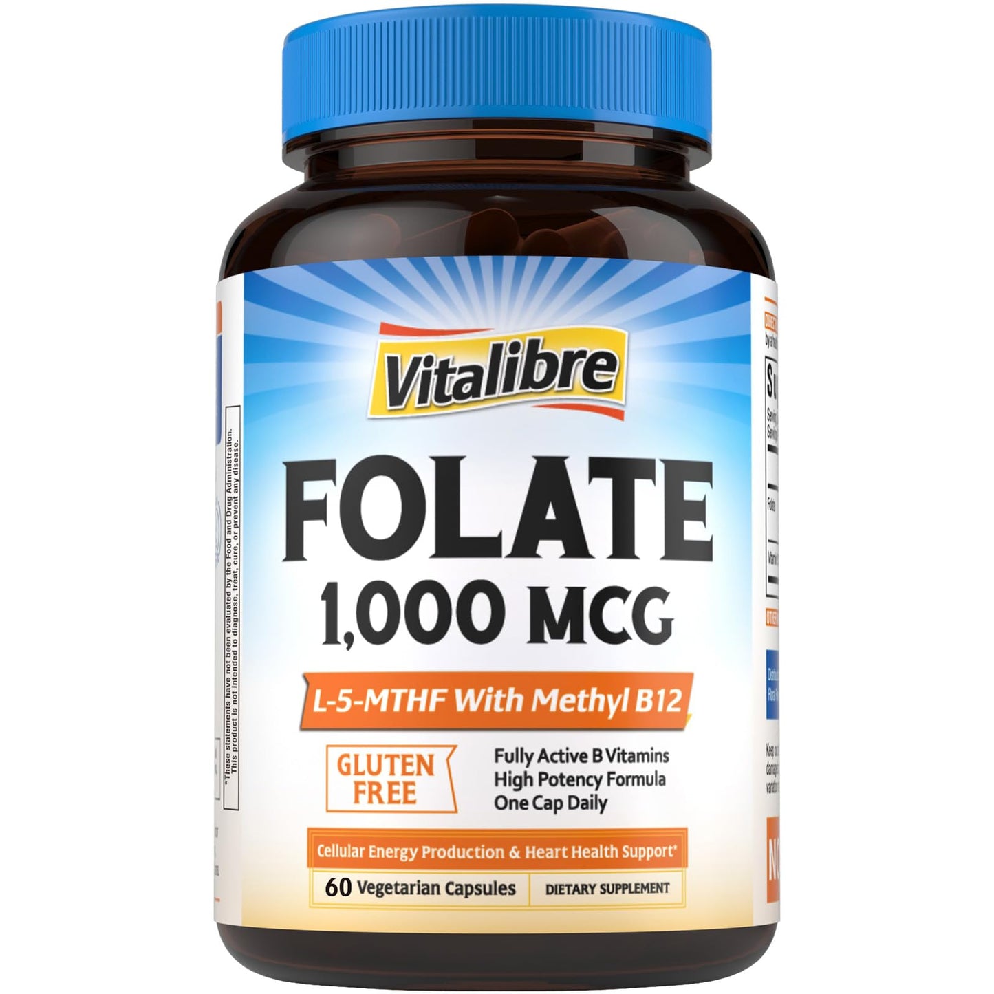 Vitalibre Methyl Folate 1000 mcg L-5-MTHF with Methylcobalamin B12 Capsules, 60 Count