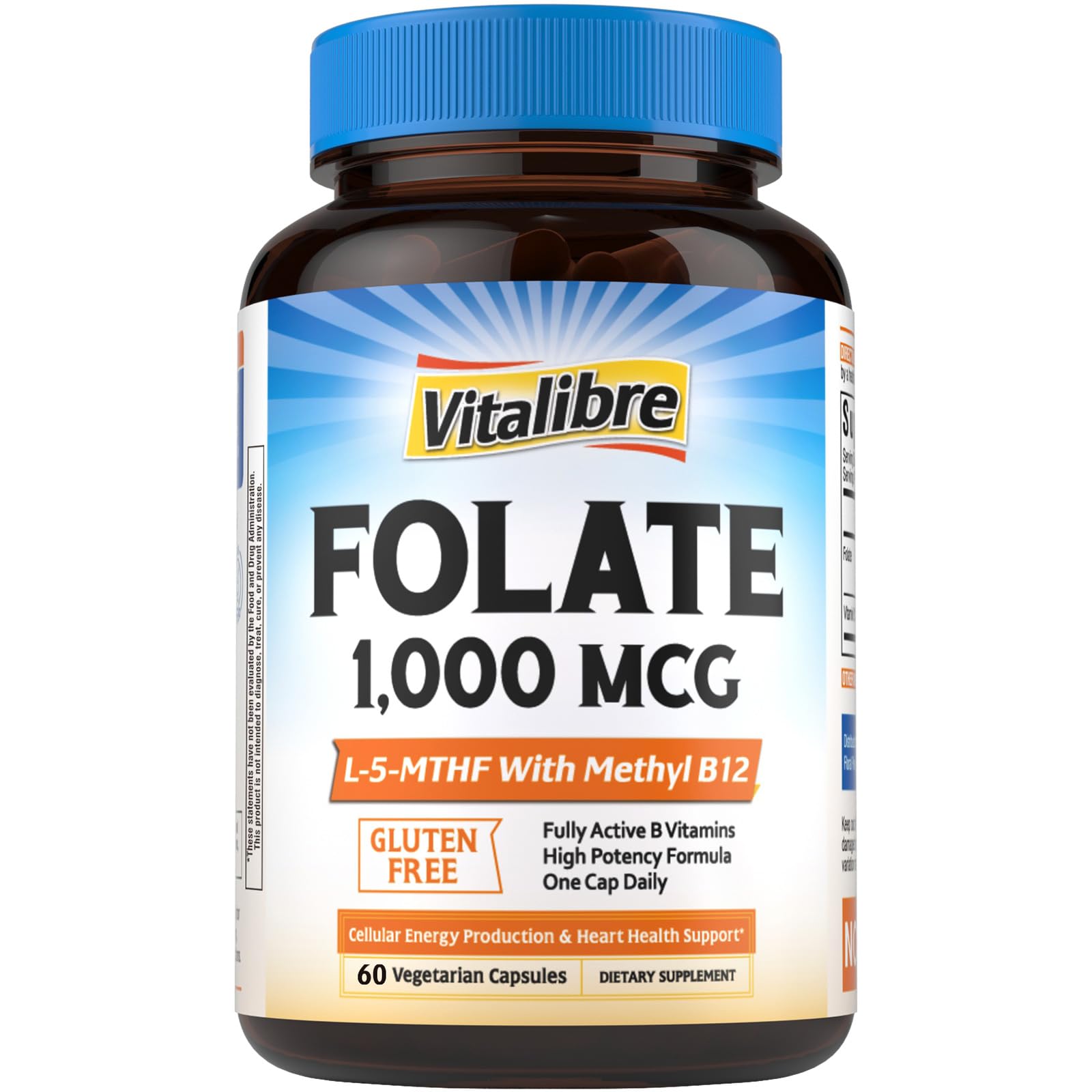 Vitalibre Methyl Folate 1000 mcg L-5-MTHF with Methylcobalamin B12 Capsules, 60 Count