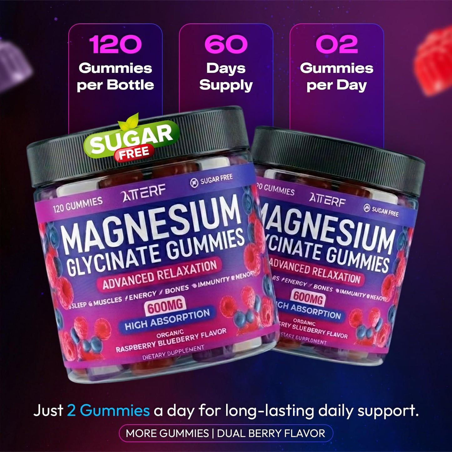 Atterf Magnesium Glycinate Gummies 600mg, 120 Gummies