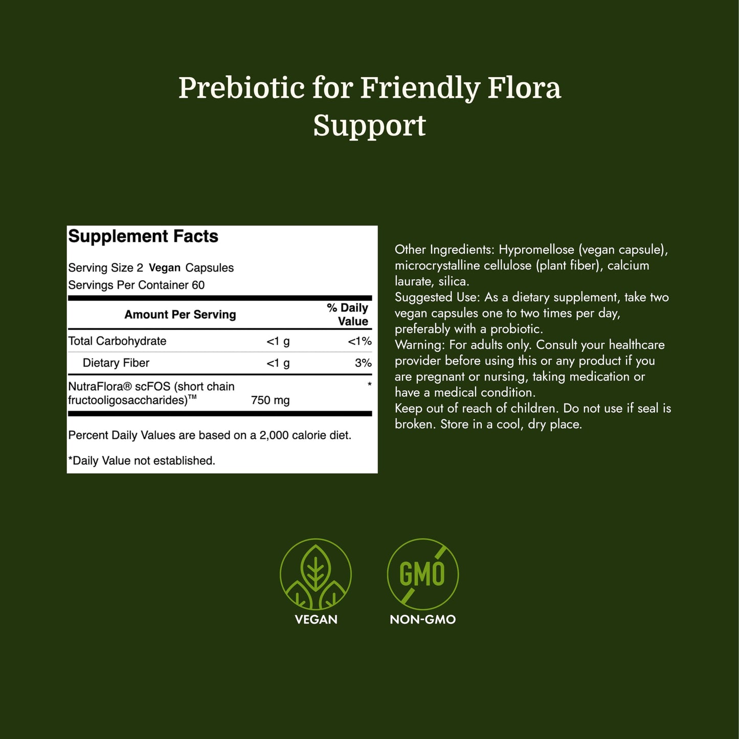 Swanson Prebiotic Fiber Capsules with NutraFlora FOS for Gut-Health-Conscious Adults Seeking Digestive Flora and Immune Support - 750 mg, 120 Vegan Capsules