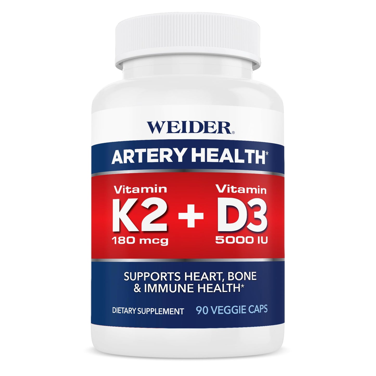 Weider Artery Health Supplement Vitamin K2 (180mcg) & Vitamin D3 (5000iu) 90 Veggie Capsules