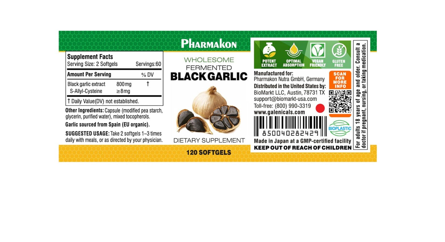 PHARMAKON Organic Aged Black Garlic Capsules, 120 Count