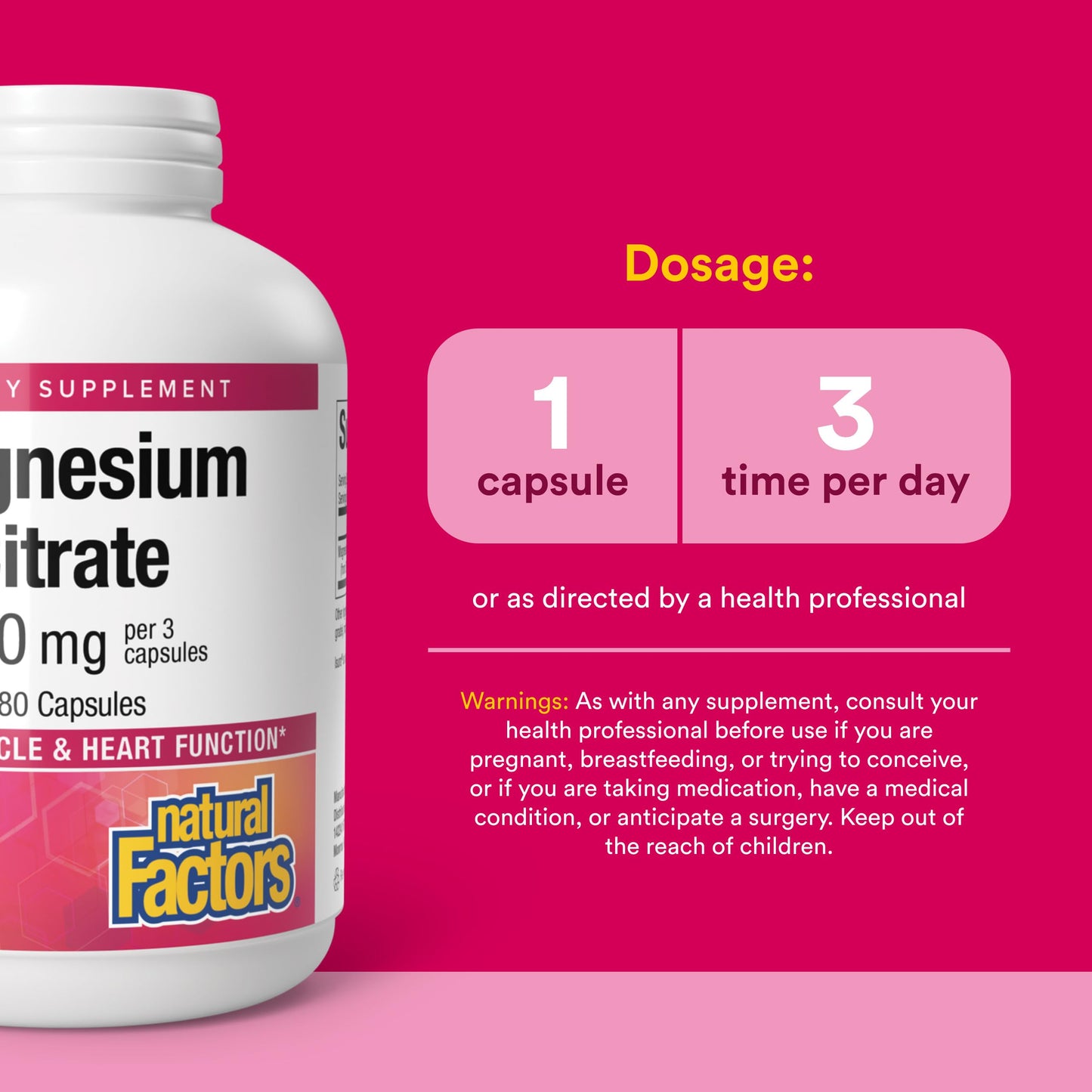 Natural Factors Magnesium Citrate 150 mg, Muscle and Heart Health Formula, 180 Capsules