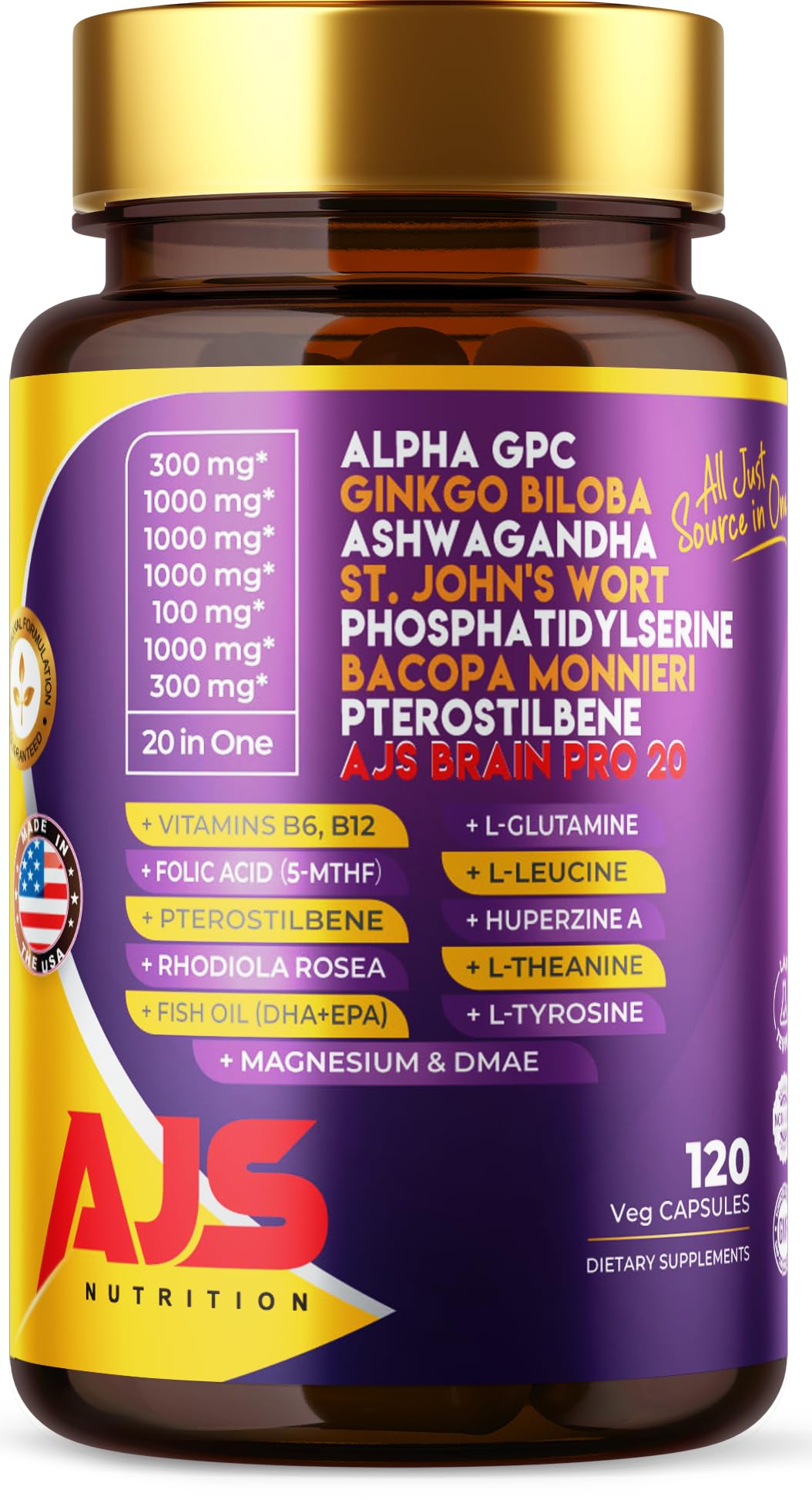 AJS Nutrition Alpha GPC Nootropic Brain Supplement 180 Capsules