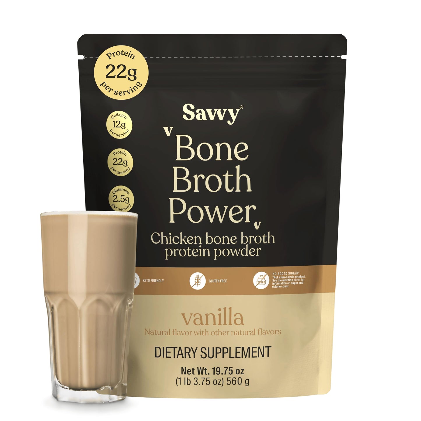 SAVVY Bone Broth Power Vanilla Protein Powder 1.23 Pound Pack of 1