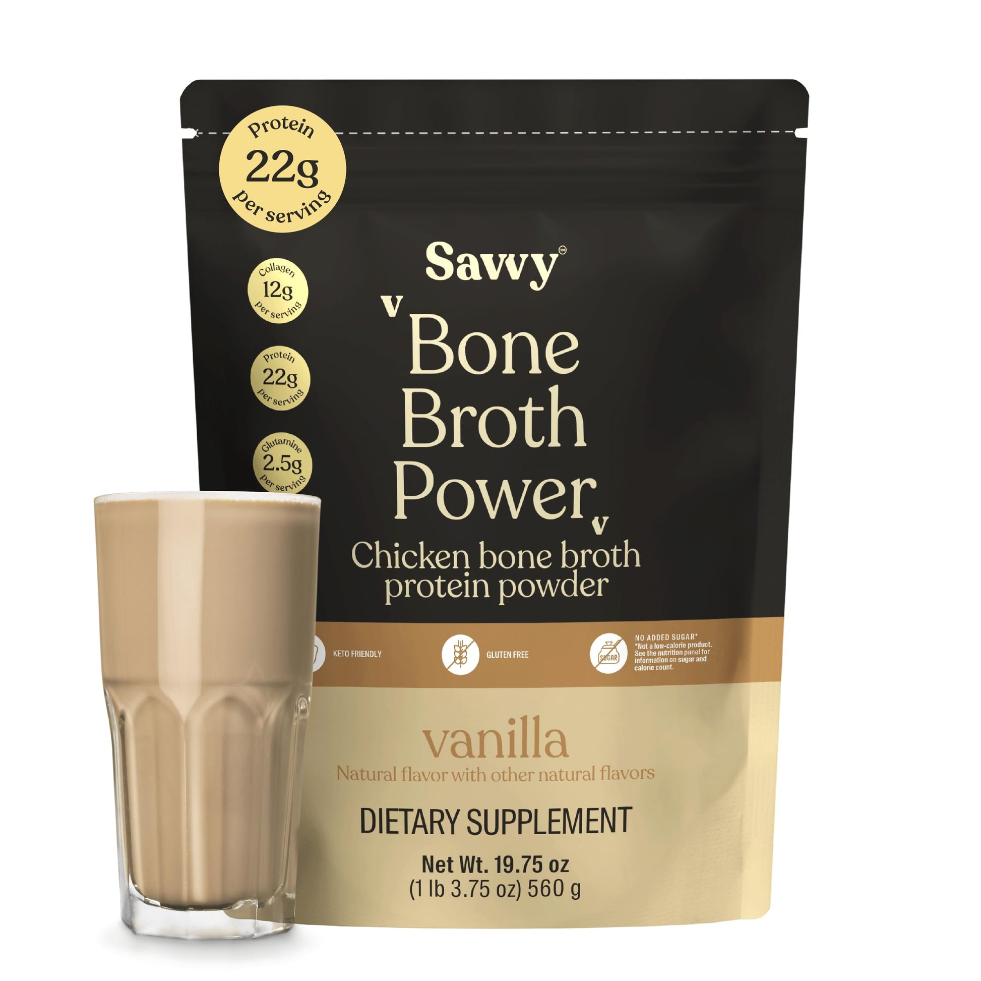 SAVVY Bone Broth Power Vanilla Protein Powder 1.23 Pound Pack of 1