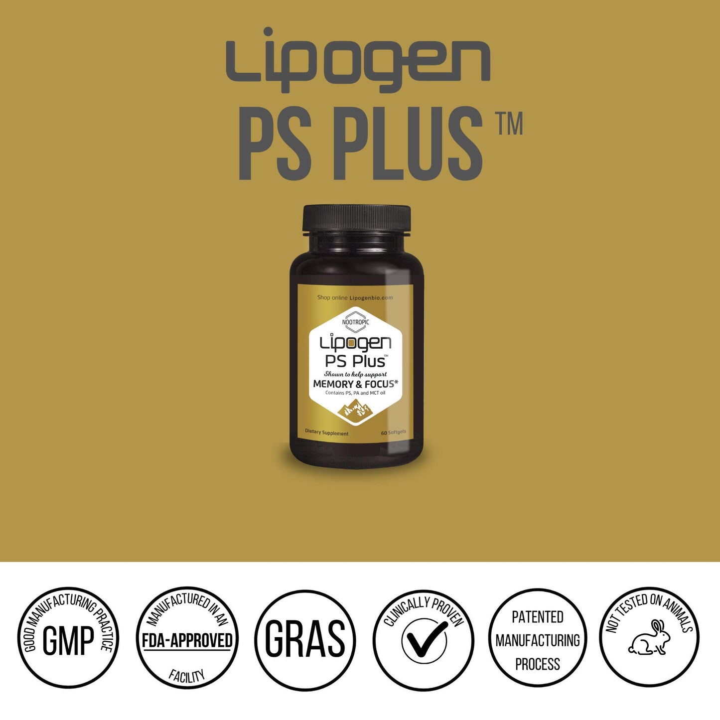 Lipogen PS Plus Senior Brain Supplements for Memory & Focus Softgels, 180 Softgels