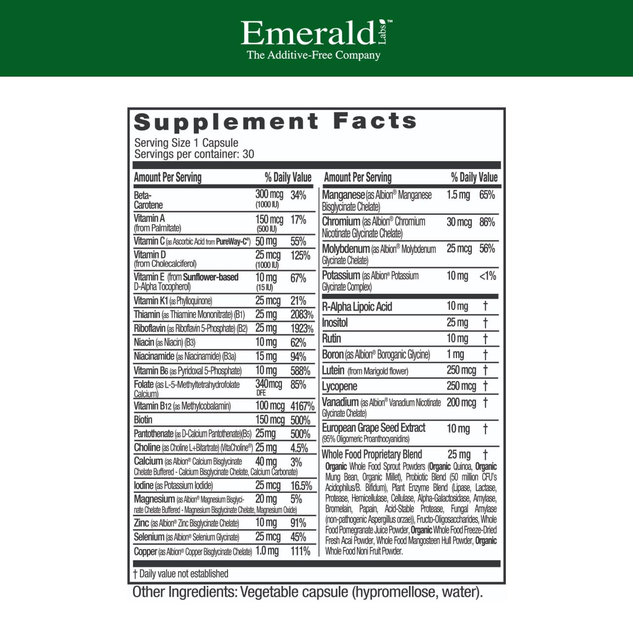 Emerald Labs Complete 1-Daily Multi - Complete Multivitamin for Men & Women with Vitamin C, Methylated Folate, Whole-Food Blend & More for Immune Support, Bone Health & More, 30 Vegetable Capsules