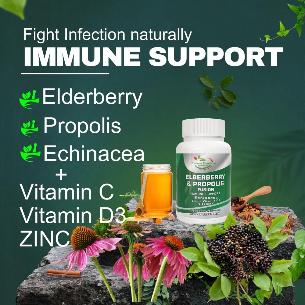 Natures Dominion Supplements Propolis Organic Elderberry Extract with Echinacea, Vitamin D3, Vitamin C and Zinc Capsule 60 Count