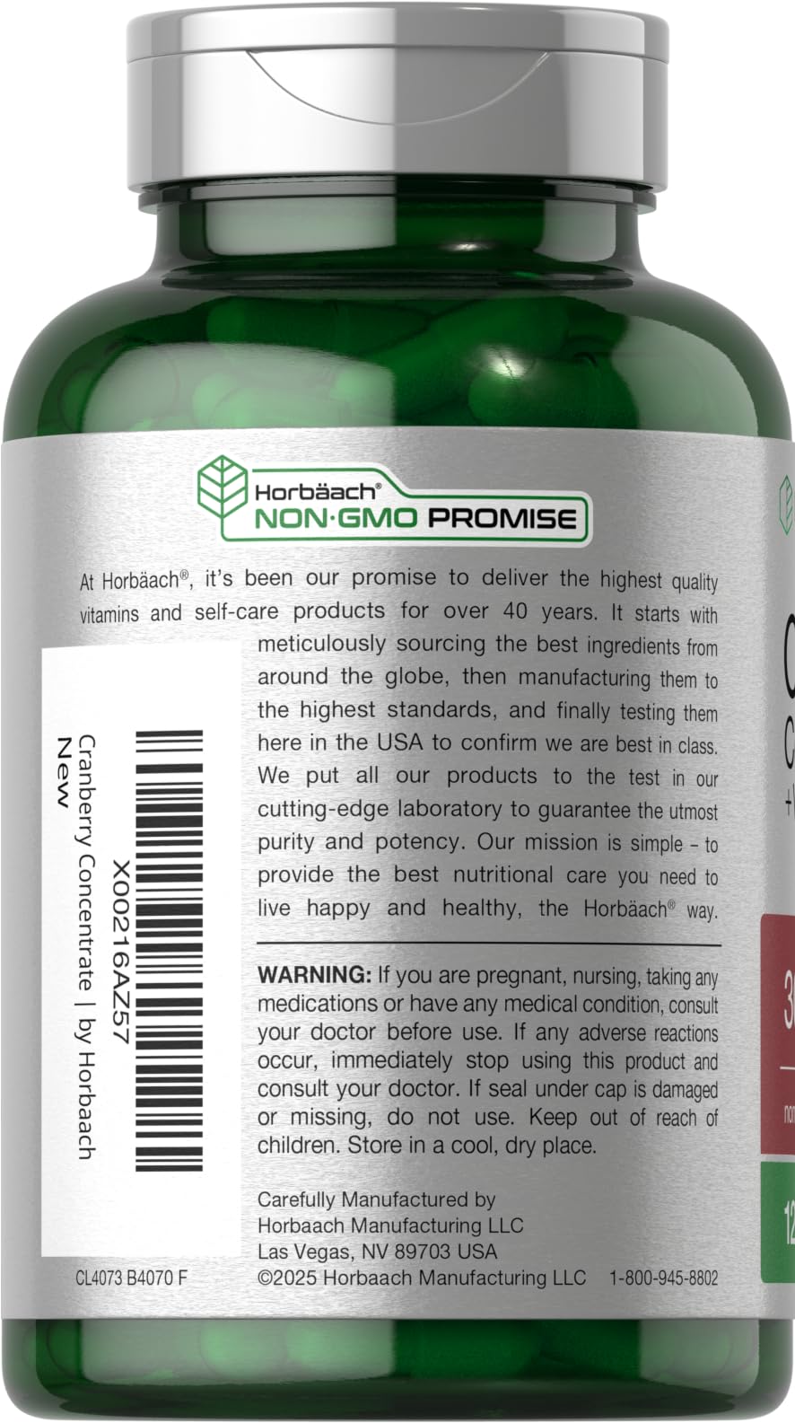 Horbäach Cranberry Concentrate Extract with Vitamin C Capsules, 120 Count