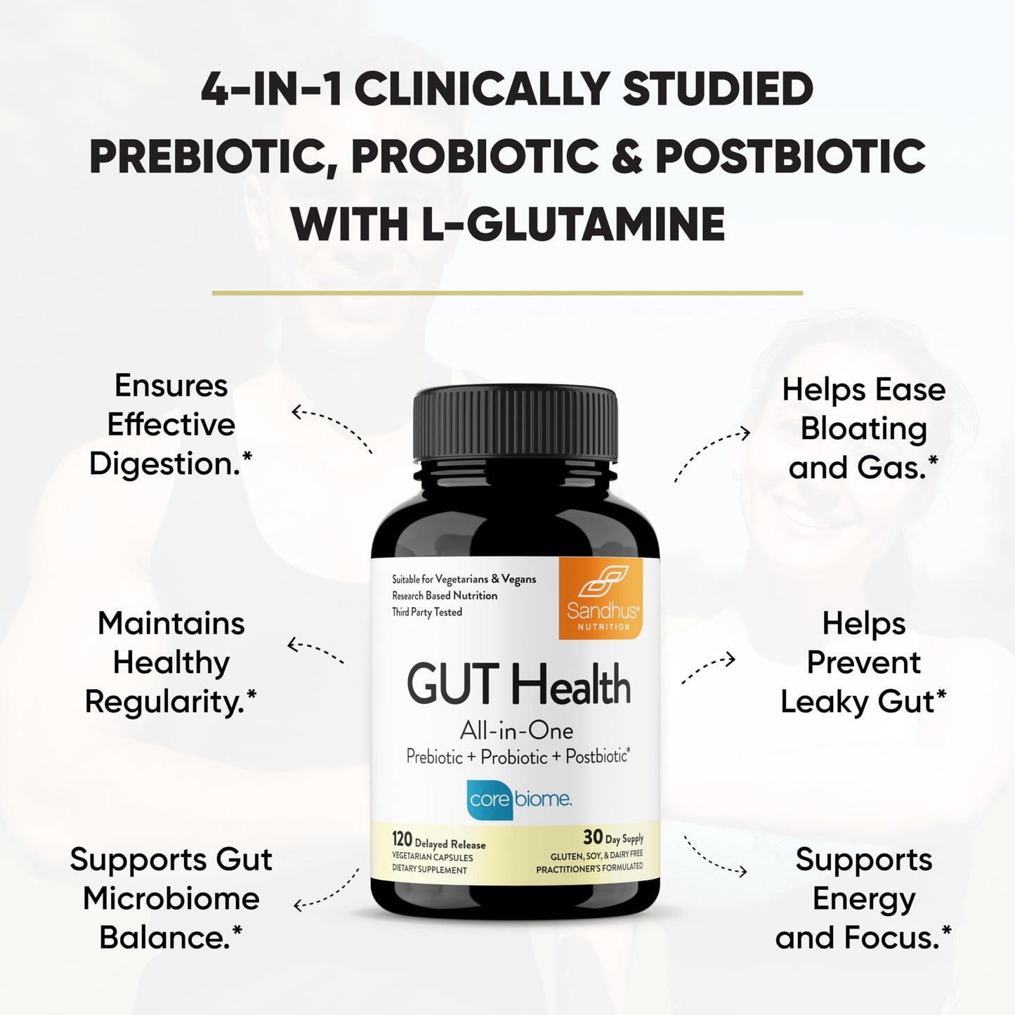 Sandhu's Gut Health Prebiotic, Probiotic, Postbiotic & L-Glutamine Capsules, 120 Count