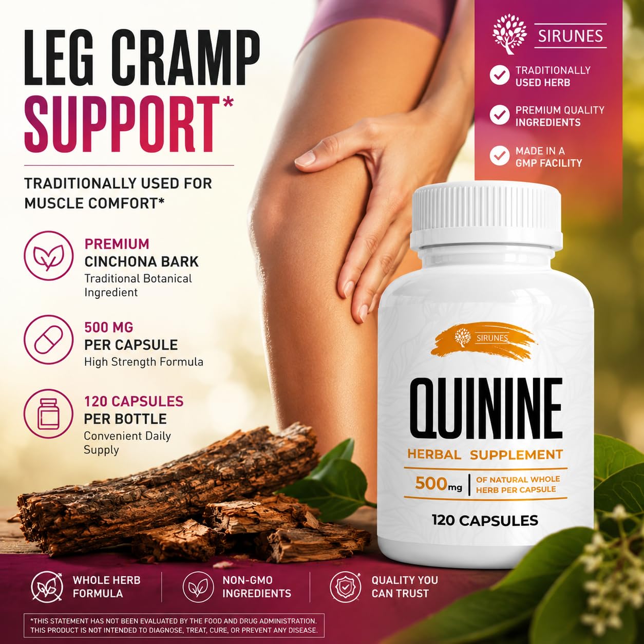 SIRUNES Leg Cramps Relief Quinine Capsules – Natural Cinchona Bark Supplement for Cramp Defense & Digestive Health – 500 mg Quinine, 120 Count