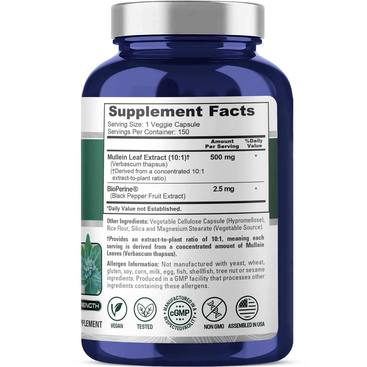 NusaPure Mullein Leaf Capsules 150 Count