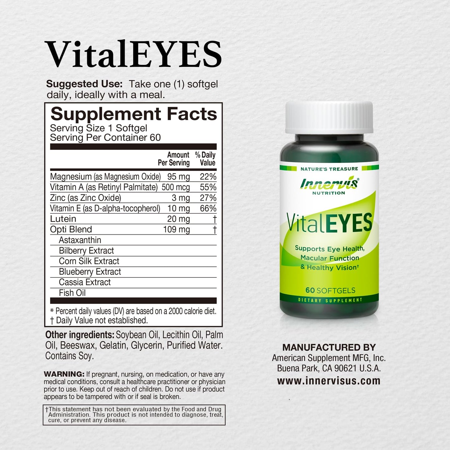 INNERVISNUTRITION VitalEYES High Potency Lutein 20mg & Astaxanthin, Macular & Clear Vision Support, Eye Health Vitamins A, E, Zinc, Magnesium, Premium Eye Supplement for Digital Users Softgels 60