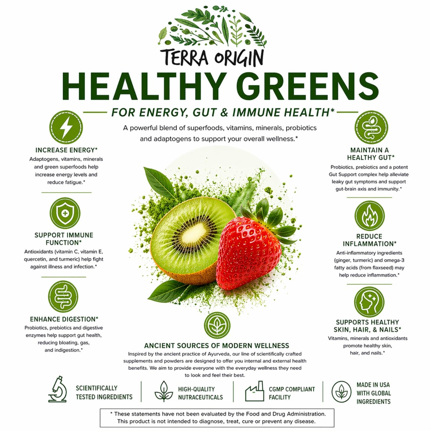 TERRA ORIGIN Super Greens Powder Kiwi Strawberry 11.27 Ounce