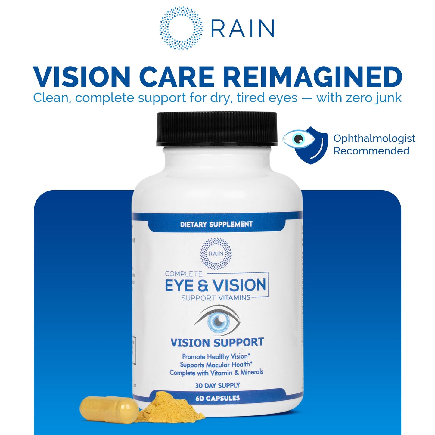 Rain Eye Vitamins & Vision Supplements for Adults – Eye Comfort and Vision Support – Lutein and Zeaxanthin Eye Supplements for Macular Health, 60 Capsules
