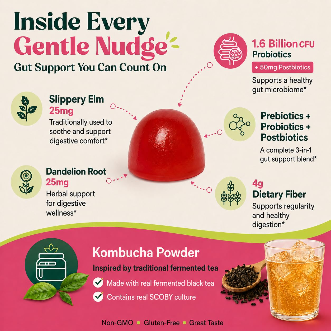 ZIPINKJ Probiotic Kombucha Fiber Gummies, Gummy, 60 Count