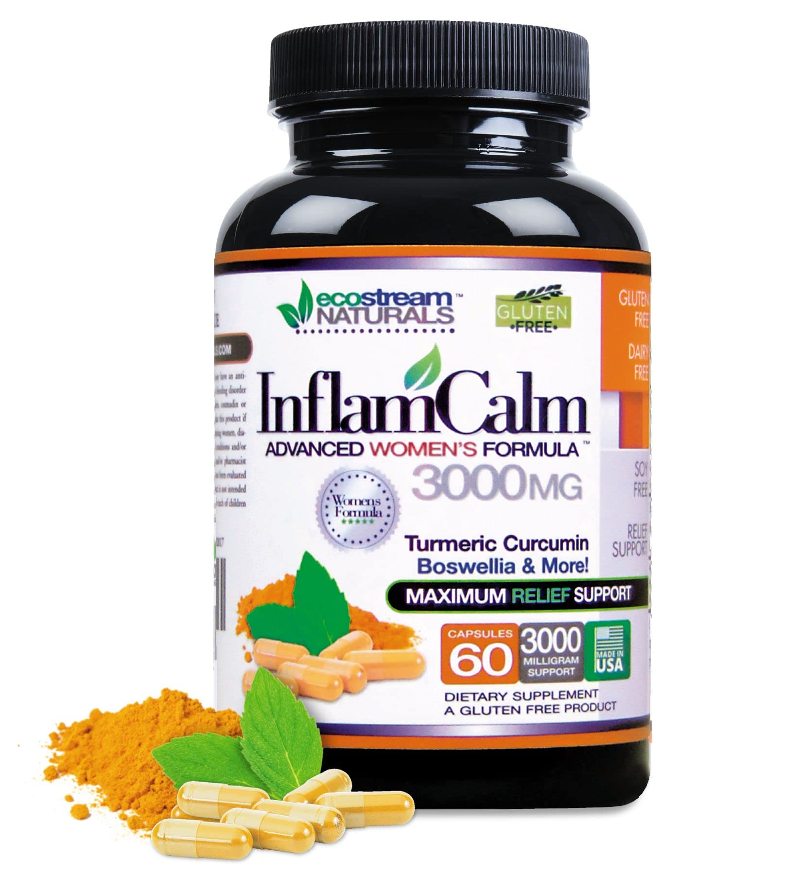 ecostream Naturals Women's Formula 3000 InflamCalm Advanced with Turmeric, Curcumin, Enzymes and Boswellia, 60 Capsules
