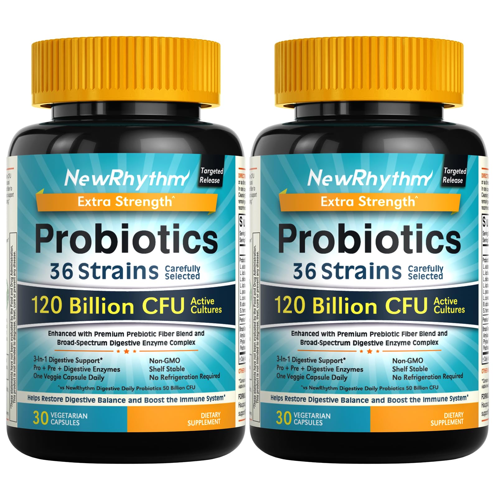 NewRhythm Probiotics 120 Billion CFU 36 Strains 3-in-1 with Prebiotics & Enzymes Capsules 60 Count