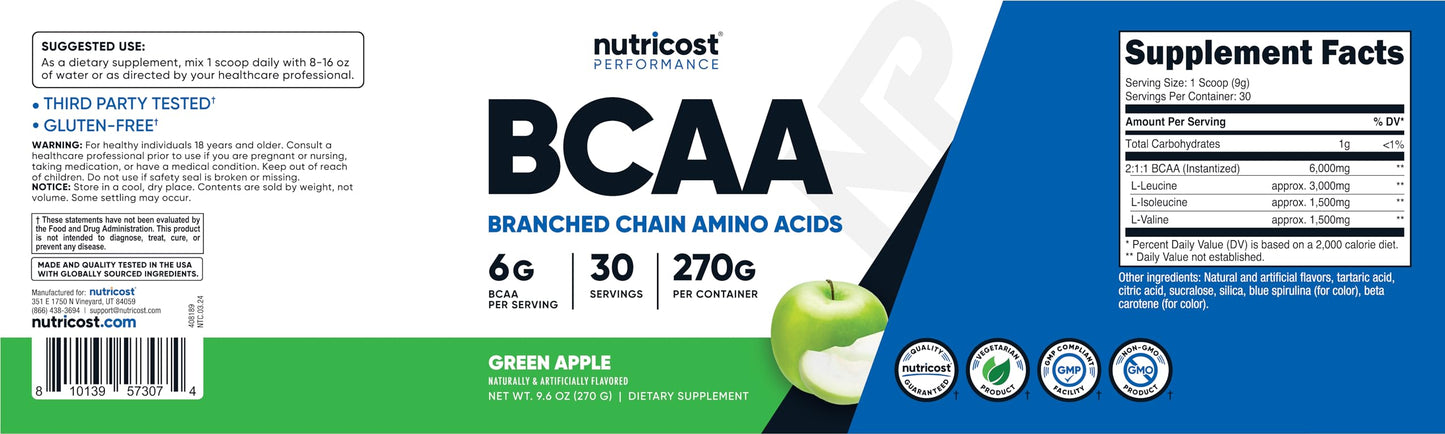 Nutricost BCAA Powder (Green Apple) 30 Servings, 9.6 Ounce