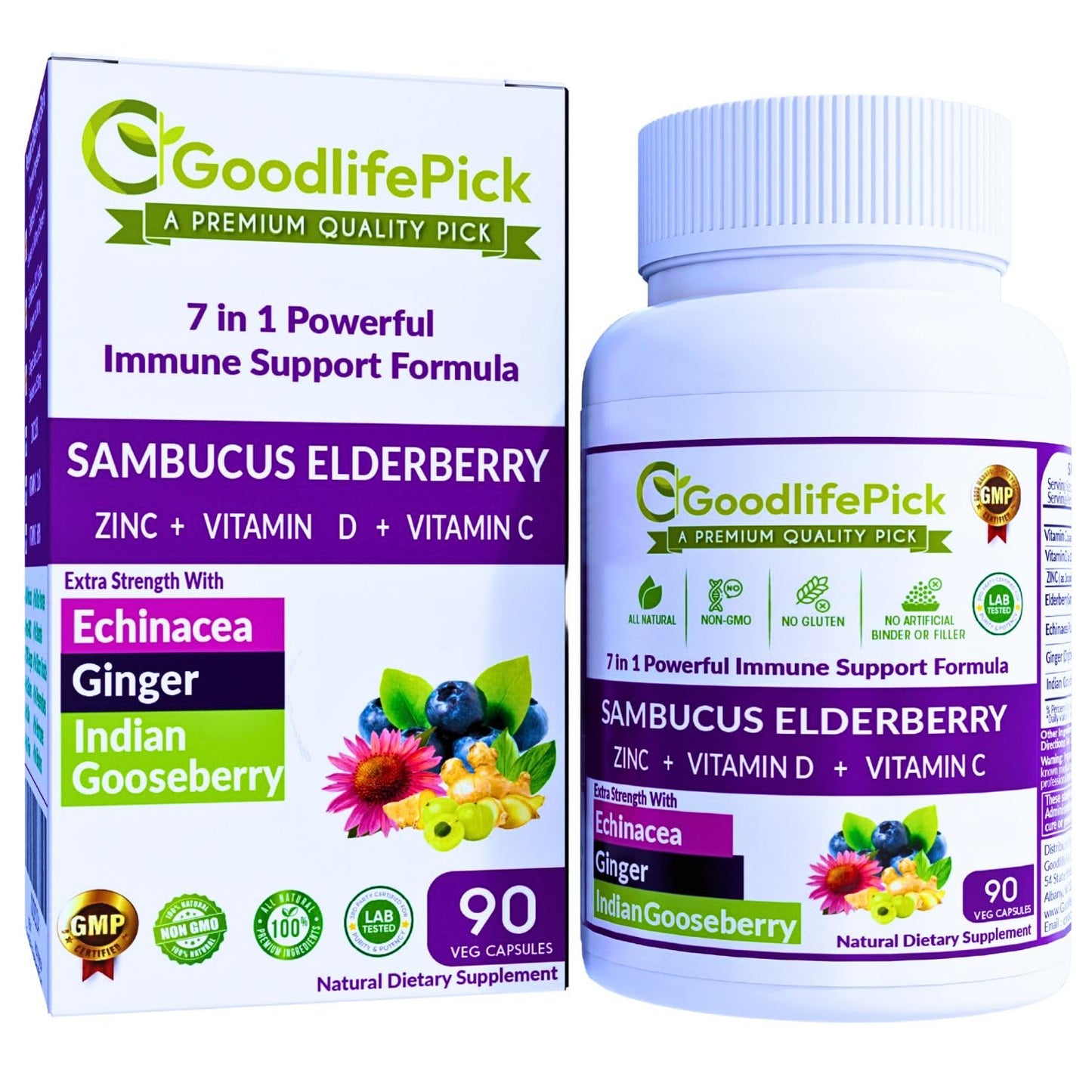 GoodlifePick 7 in 1 Elderberry with Zinc, Vitamin C, Vitamin D, Echinacea, Ginger & Indian Gooseberry (Amla) Premium Elderberry Capsules 90 ct