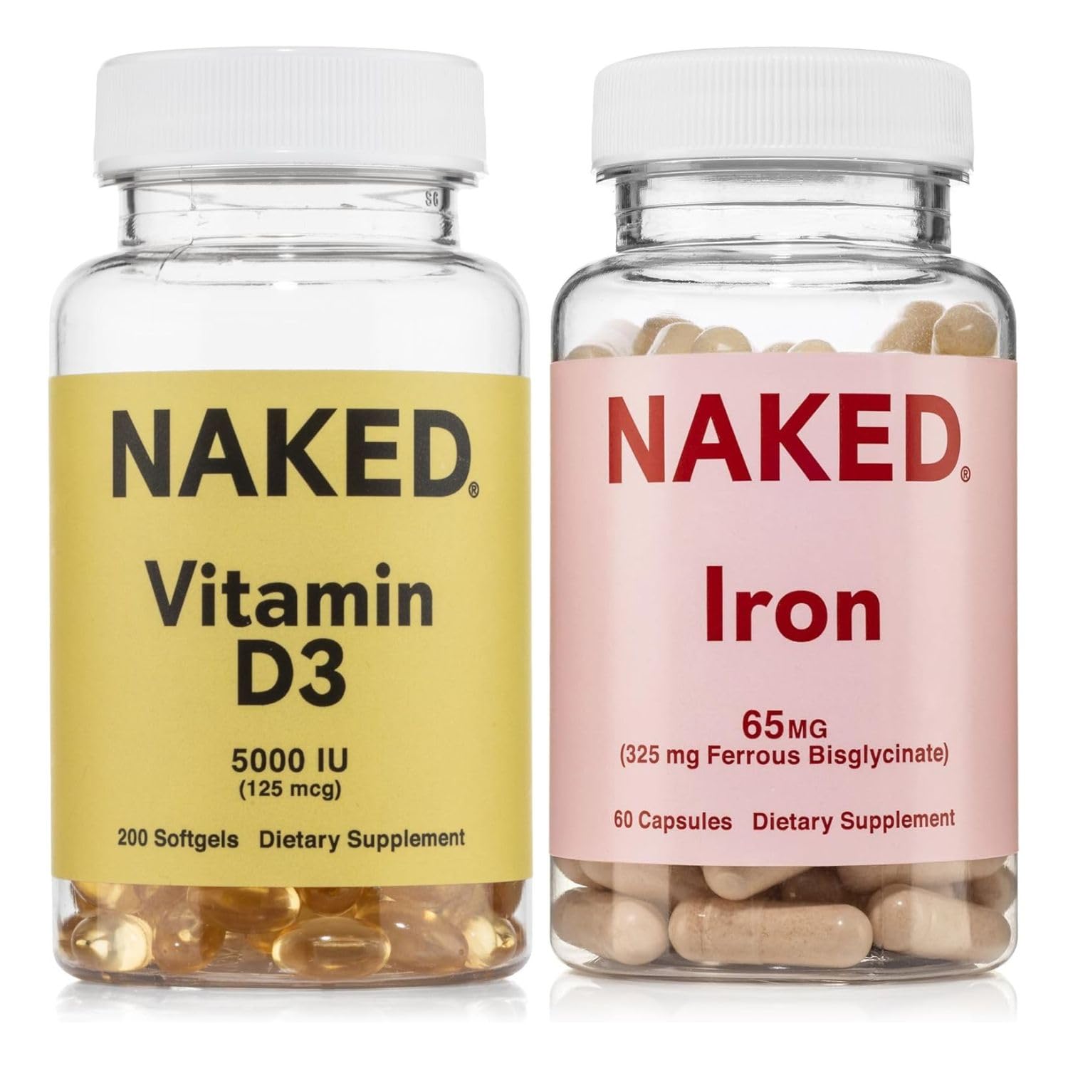 NAKED Iron 65mg (60 Capsules) & Vitamin D3 5000 IU (200 Softgels) Bundle, 260 Count