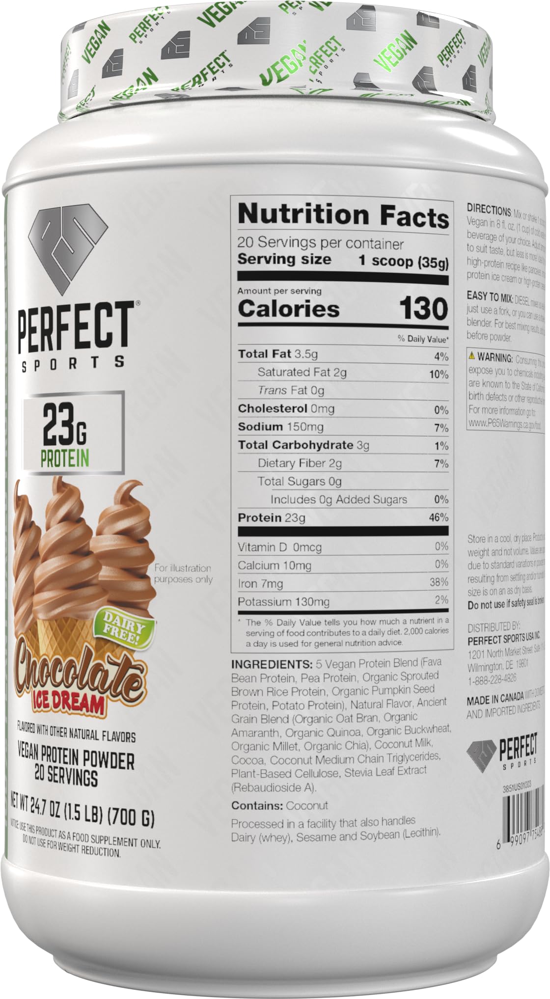 PERFECT SPORTS Vegan Diesel 100% Plant Based Protein Powder, 24 Servings