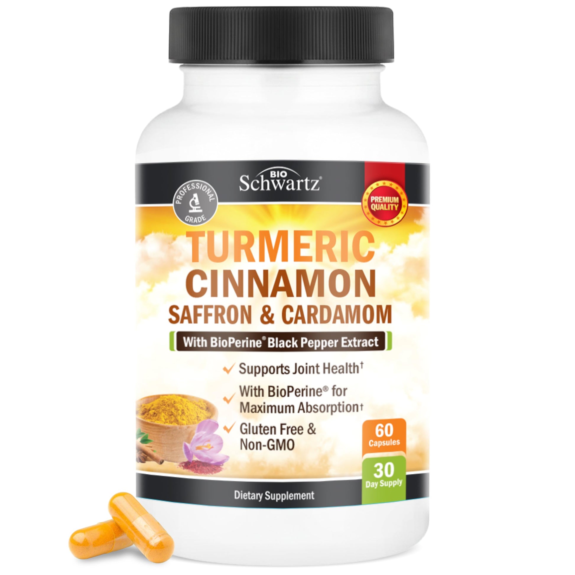 BioSchwartz Turmeric Supplement with Saffron, Cinnamon and Cardamom Plus BioPerine Black Pepper Extract for Optimal Absorption, 60 Capsules