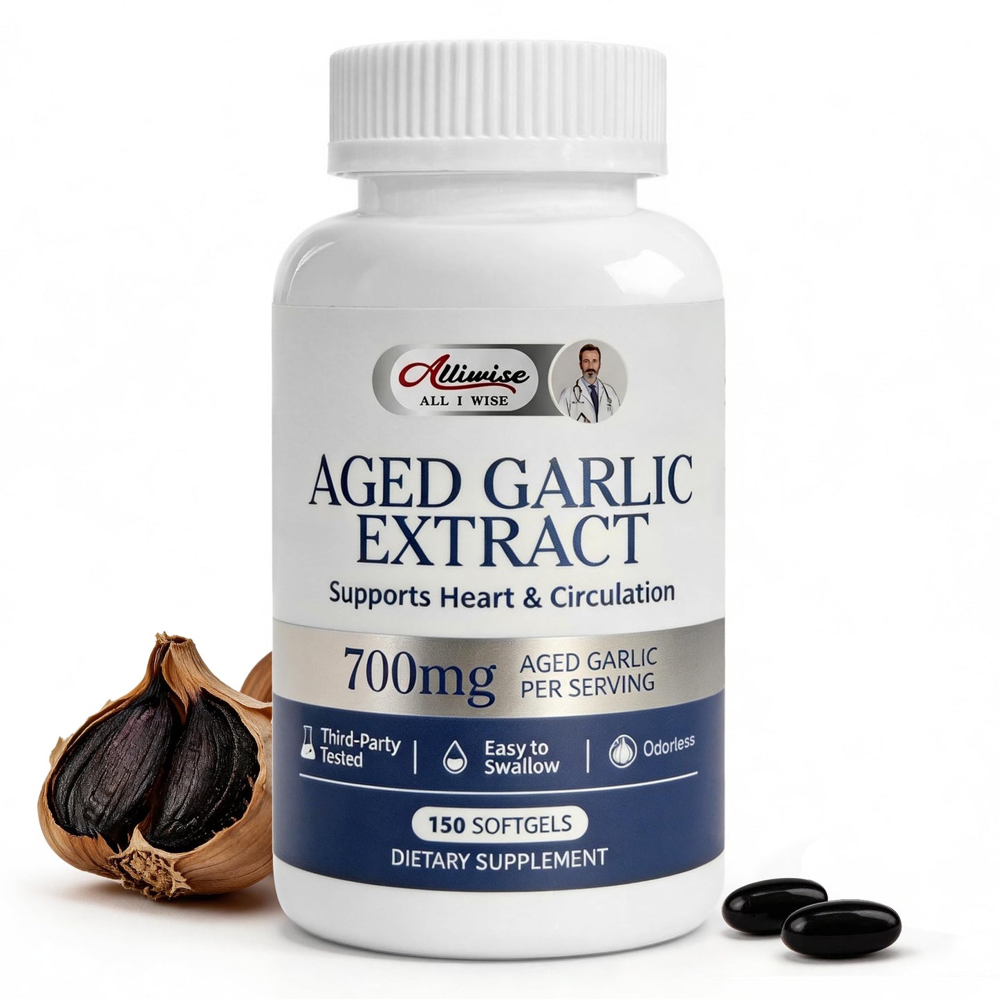 Alliwise Aged Black Garlic Extract 700mg with Vitamin D3 & K2 Softgels, 150 Count