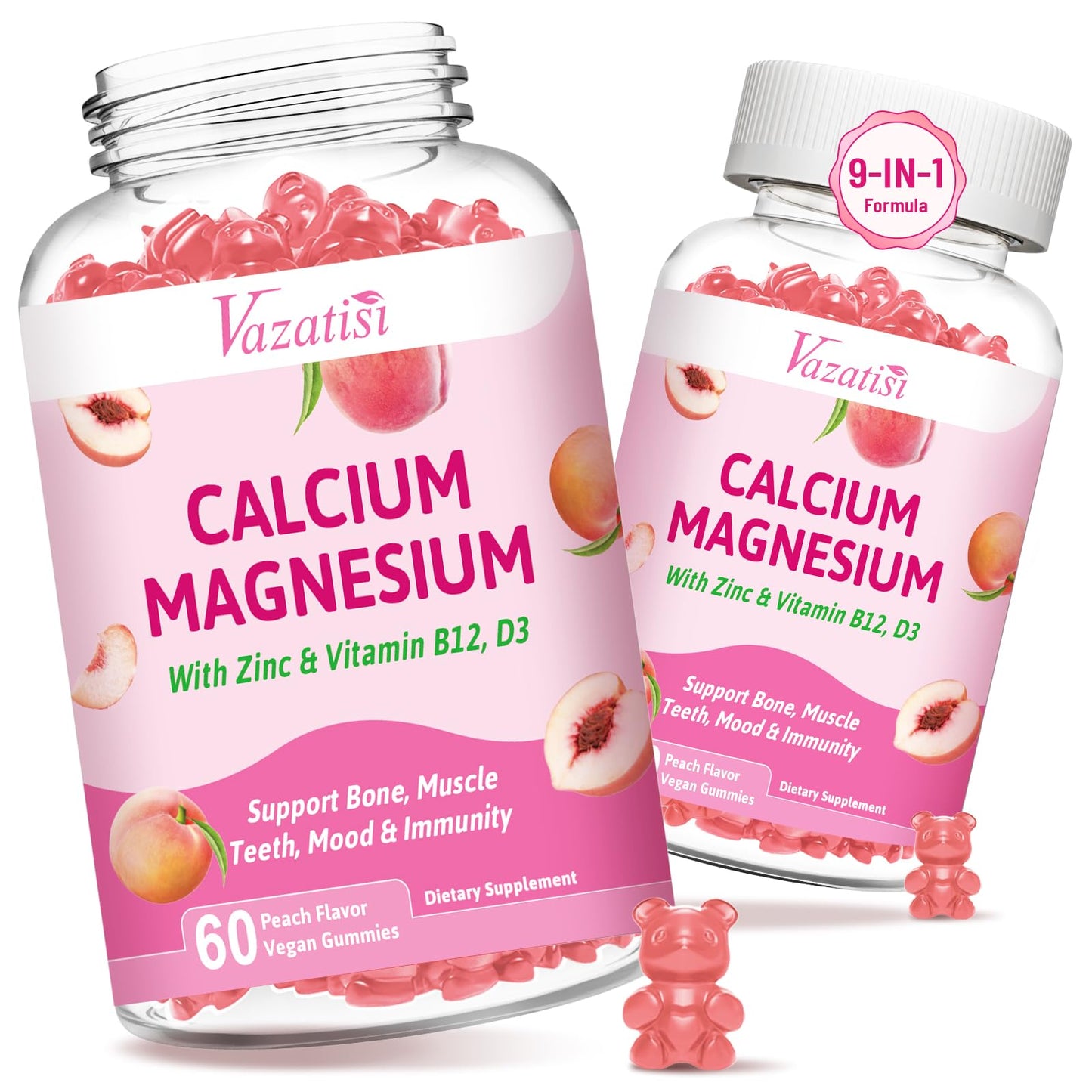 Vazatisi Calcium Magnesium Zinc Gummies with Vitamin D3 B12, Peach Flavor, 120 Gummies