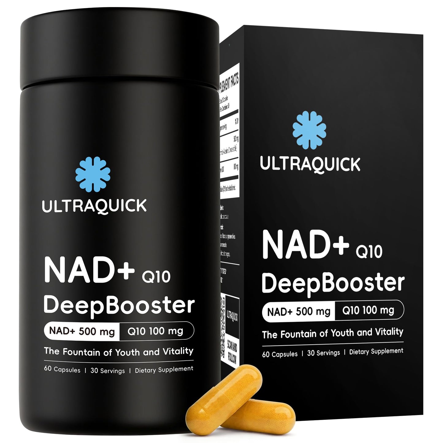 ULTRAQUICK NAD+ Supplement 500mg with CoQ10 100mg Capsules, 60 Count