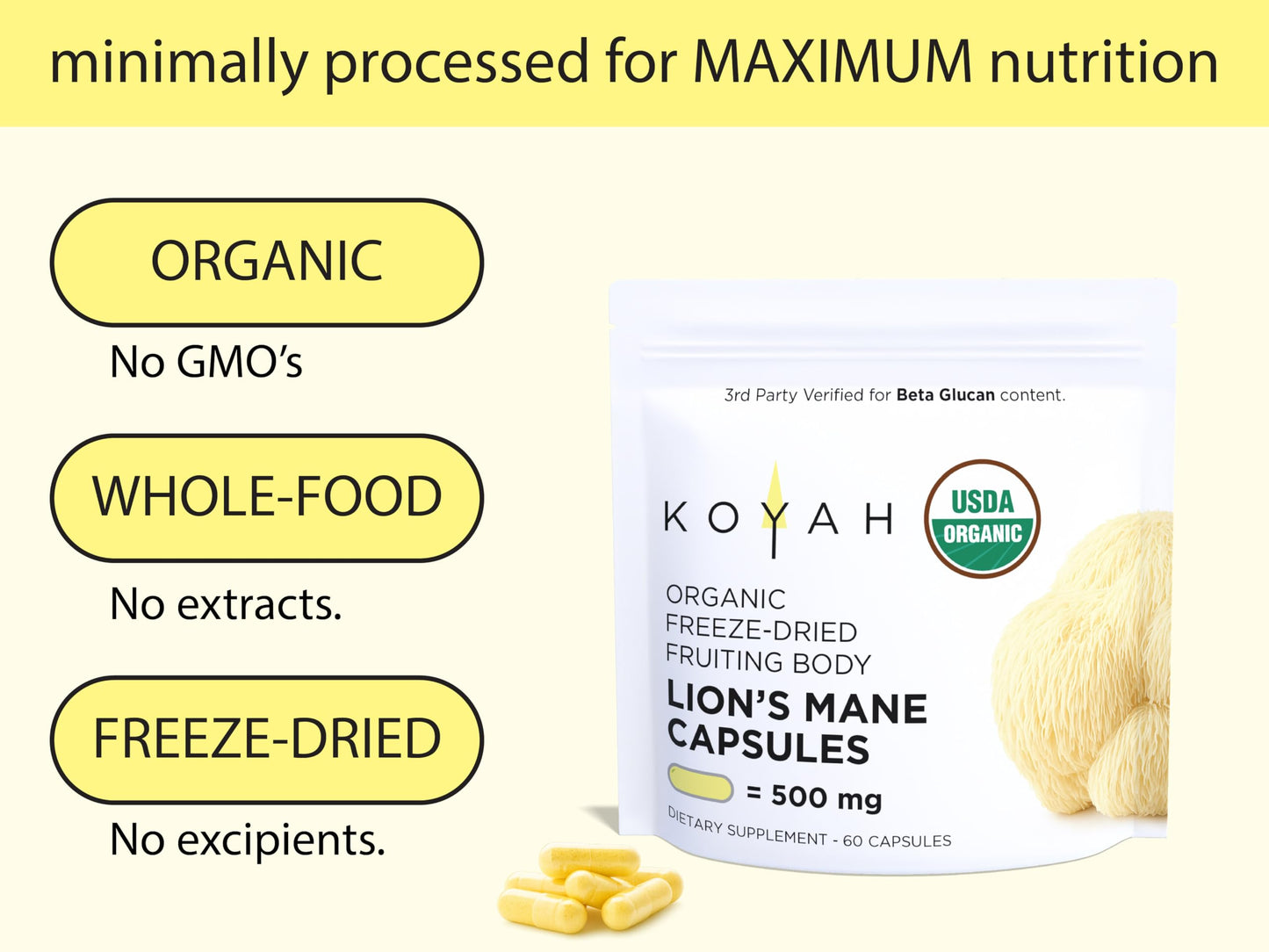KOYAH Organic Lion's Mane Mushroom Capsules, Freeze-Dried, 60 Count