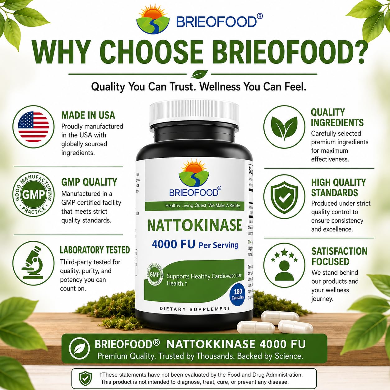 Brieofood Nattokinase 4000 FU (Fibrinolytic Unit) per Serving Capsules 180