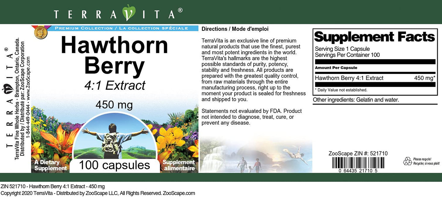 Terravita Hawthorn Berry 4:1 Extract - 450 mg Capsules, 300 Count