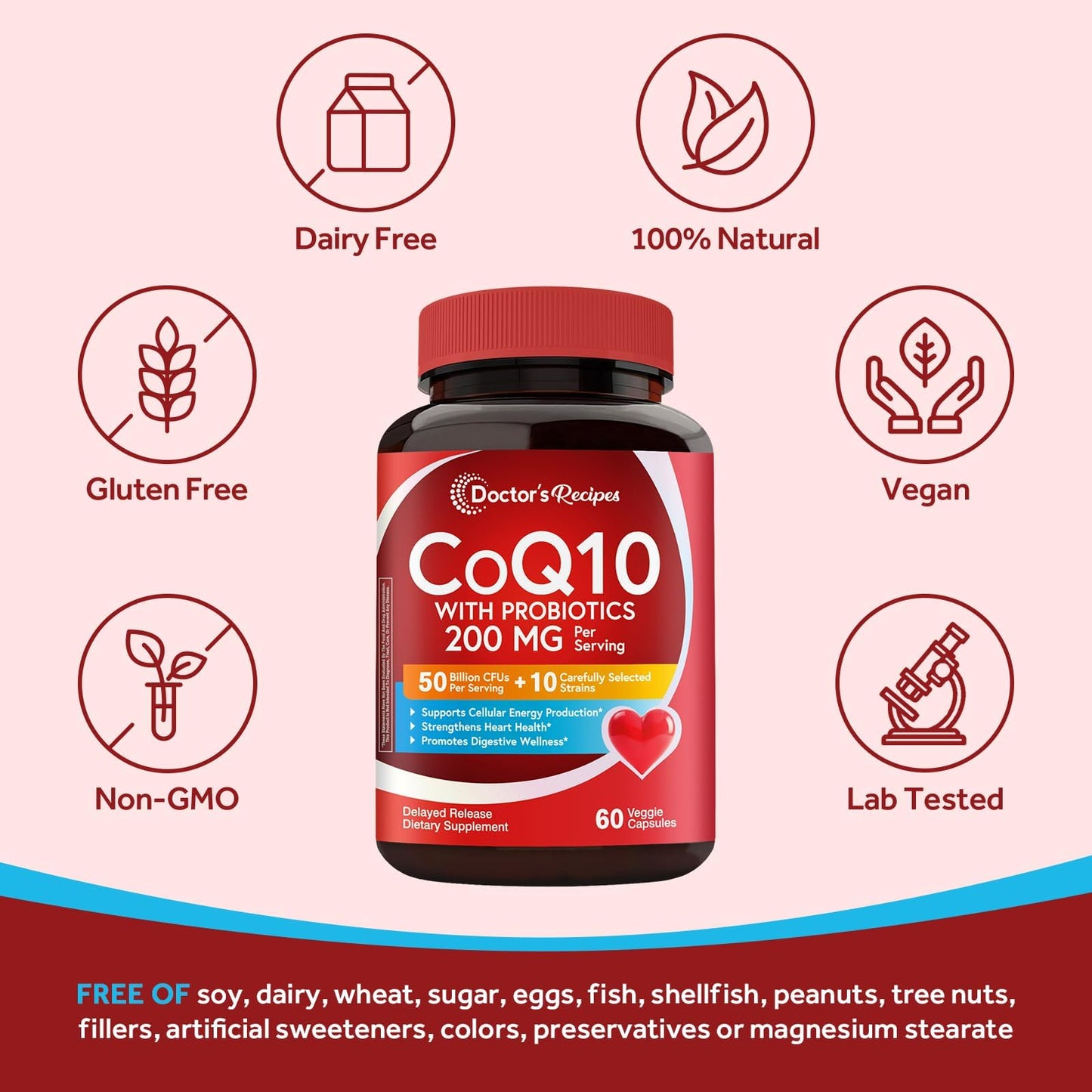 Doctor's Recipes CoQ10 with Probiotics 200 mg, 50 Billion CFUs from 10 Strains Per Serving, Bioavailable Ubiquinone for Heart & Gut, 60 Vegan Capsules, Non-GMO