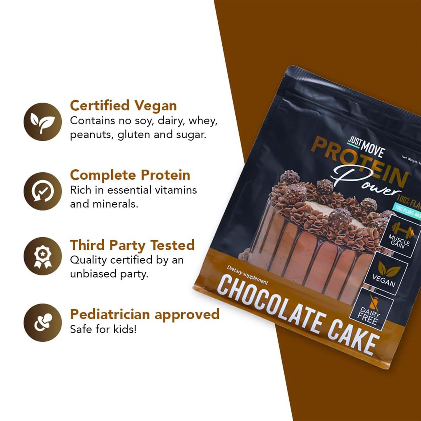 Just Move Protein Powder Chocolate Cake - Vegan (Plant Based), Organic, Dairy Free, Soy Free, Gluten Free, Keto, Peanut Free, 20g Protein, Low Carb, Non-GMO, 19.2 oz