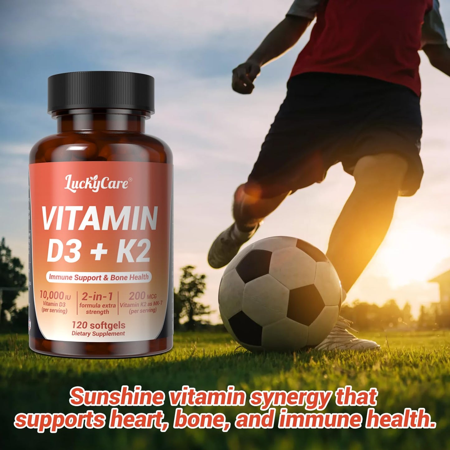 Luckycare Vitamin D3 K2 10000 IU Plus K2 (MK-7) 200 mcg Softgels, 120 Count