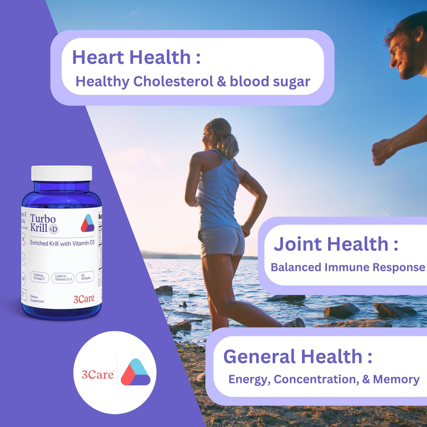 3Care Turbo Krill 2100mg High Concentrate Krill Oil Plus 600 IU Vitamin D Omega-3 Softgels, 60 Count