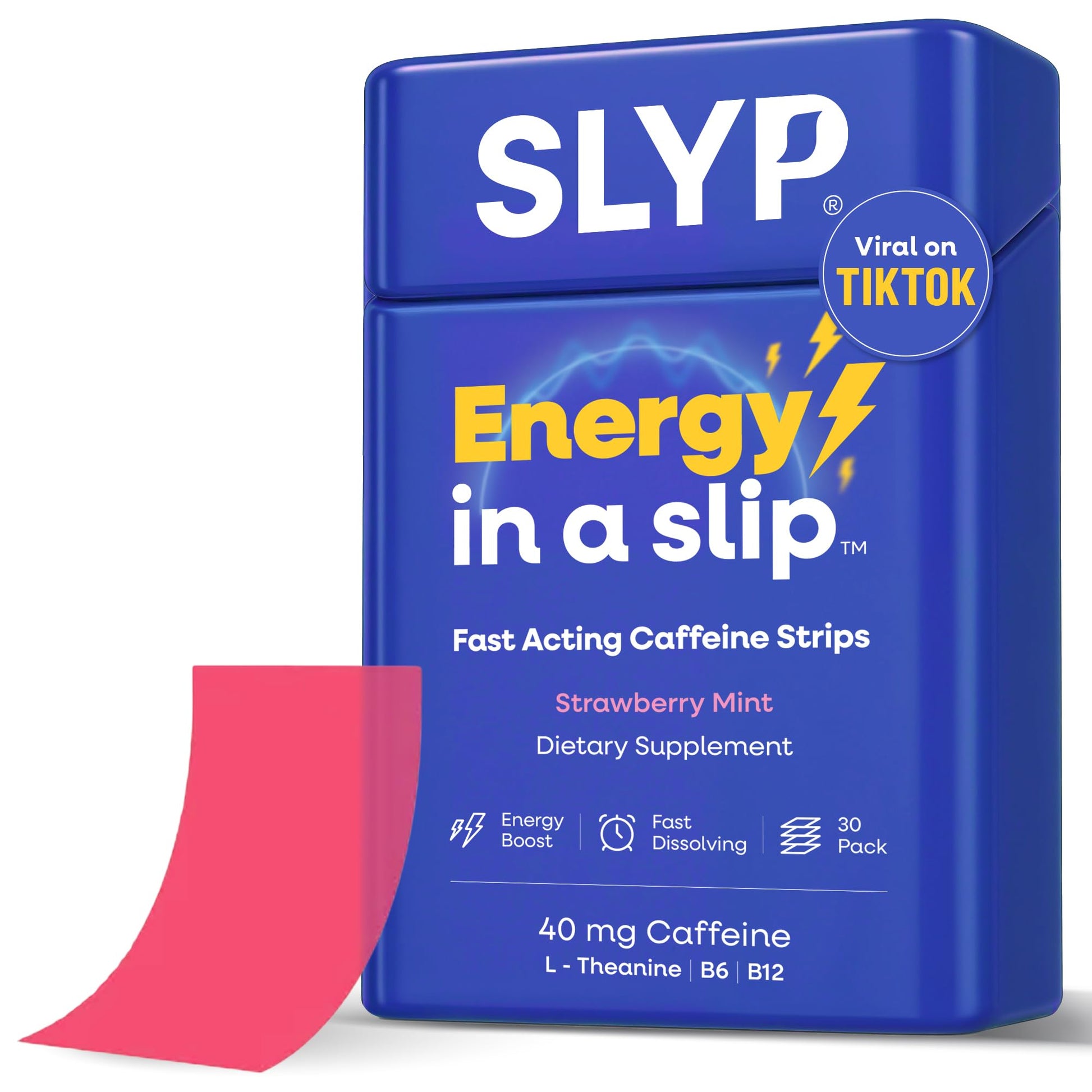 Slyp Caffeine Strips Energy Supplements Chewable – Strawberry Mint, 40mg Caffeine, L-Theanine, Vitamin B6 & B12, 30 Count
