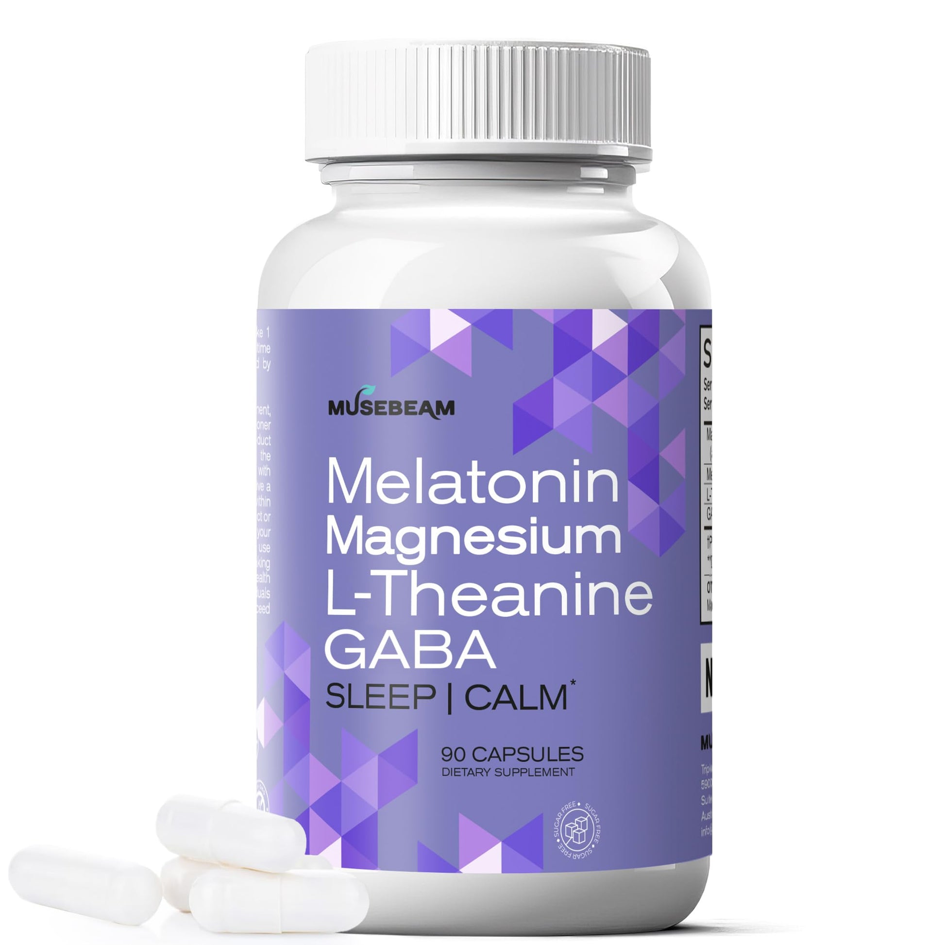 MuseBeam Magnesium Glycinate 275mg Melatonin 5mg L-Theanine 200mg GABA 100mg Capsules - Sleep Support 90 Count