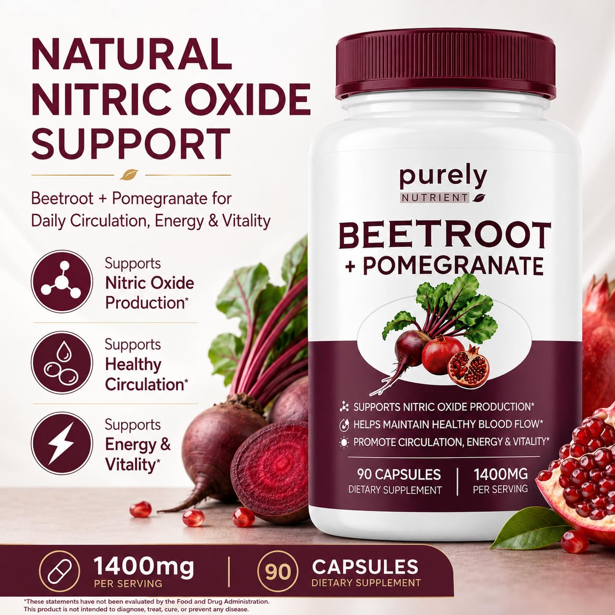 PURELYNUTRIENT Beetroot + Pomegranate Capsules, 90 Capsules