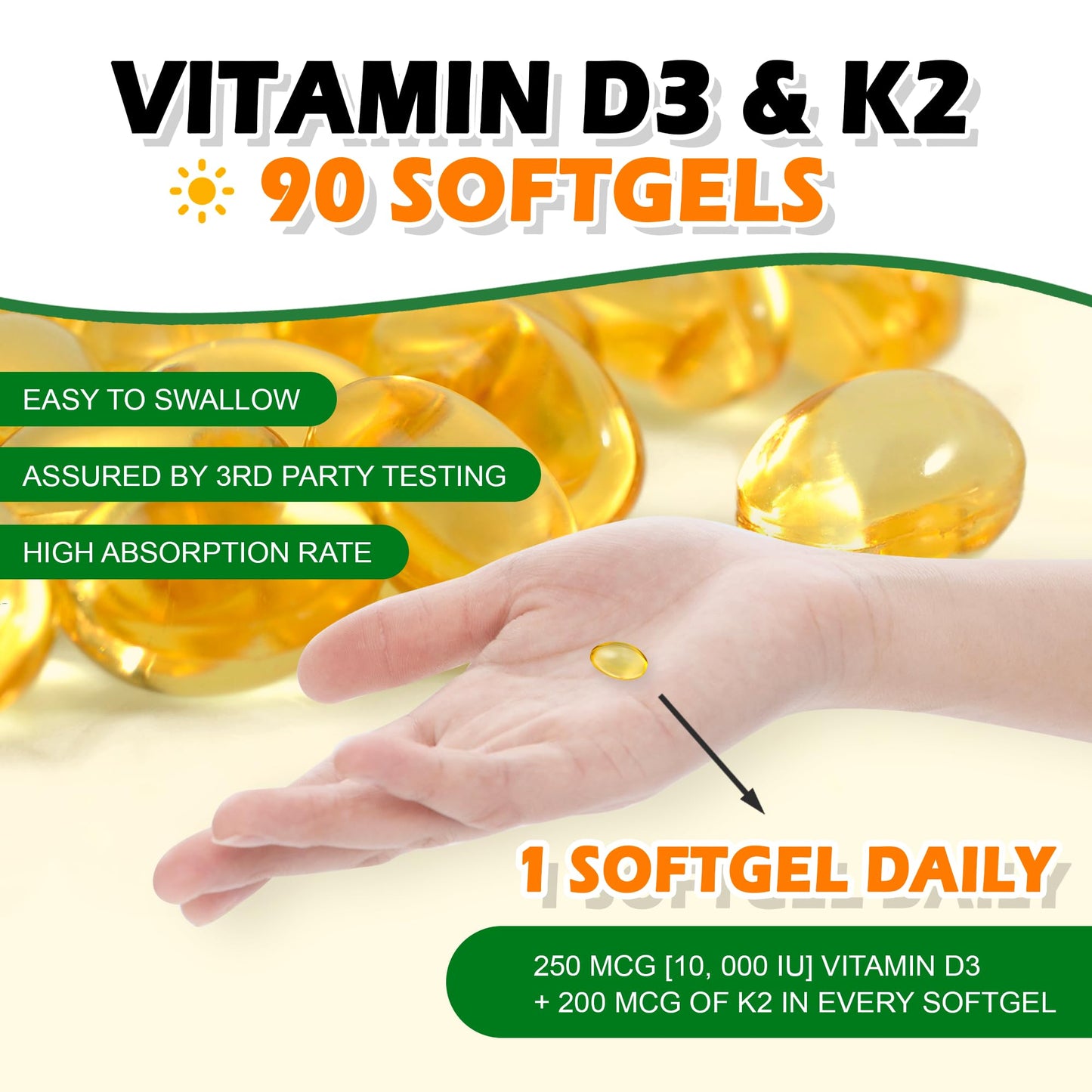 NoMiLu Vitamin D3 + K2 with Plant Based Vitamin D 10000IU & 200mcg Vitamin K2 as MK-7 - Max Absorption - Immune Support - 90 Softgels